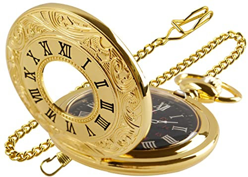 Tiong Gold Hollow Men's Quartz Pocket Watch with Chain, Roman Digital Scale Men's Quartz Pocket Watches