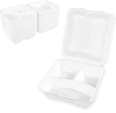 Hypafol Zuckerrohr Box 3-teilig 100 Stück I Formstabile Einwegschalen zum Verpacken von Essen I ökologisch, nachhaltig & 100% kompostierbar I 21x21x8cm I vielseitige To Go Menuebox aus Zuckerrohr