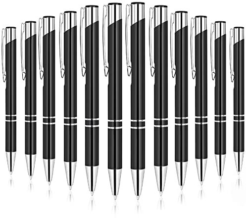 AUAUY 12PCS Noir Stylo Bille, Encre Noire Stylos Personnalisés à Bille Rechargeables, Baril en Acier Inoxydable Instrument d'Écriture pour Maison, École, Bureau, Cadeau Mariage Invité, Cadeaux de Fête