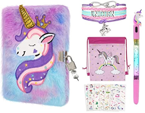 Geheimes Tagebuch Einhorn Mädchen Vorhängeschloss - Kit Notizbuch, personalisiertes Einhorn-Notizbuch mit Stift, Aufklebern, Armband und Tasche, bestes Geschenk für Ihre Tochter im Alter von 3 bis 14