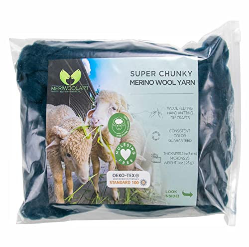 MeriWoolArt XXL Merino Wolle – 100% Schurwolle, Extra Dickes Filzgarn (4–5 cm) für Armstricken, Trocken- & Nassfilzen, Decken & Babydecken – Meer 25g