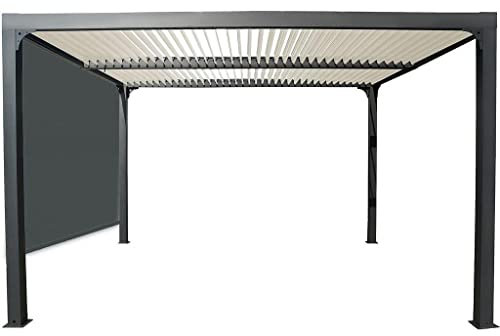 Pergola bioclimatique Habrita Foresta per 3630 R BI W Aluminium 10,80m2 toiture écru avec Rideau Manuel Gris pour côté 3m