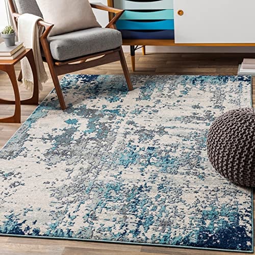 Livabliss Moroni Wohnzimmer Teppich modern – Abstrakt Design in Marmor Optik für Wohnzimmer 120x170 cm, Esszimmer, Schlafzimmer - Marmor Teppich groß, weicher Teppich Kurzflor Silber, Dunkelblau Grau