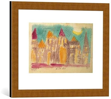 kunst für alle Bild mit Bilder-Rahmen: Lyonel Feininger Beleuchtete Häuser 1921 - dekorativer Kunstdruck, hochwertig gerahmt, 50x40 cm, Kupfer gebürstet