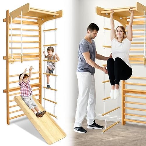 Aufun Espalier en Bois Mur d'escalade, Mur Escalade suedois Fitness Mur de Gymnastique avec Accessoires de Montage, équipement Sportif pour Enfants et Adultes, 215 x 82 x 6cm