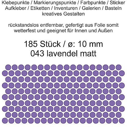 Aufkleber Etiketten Klebepunkte aus Folie 185 Stück lavendel matt rund 10 mm selbstklebend farbig wetterfest Decal Markierungen Organisieren DIY basteln verzieren Modellbau Scrapbooking