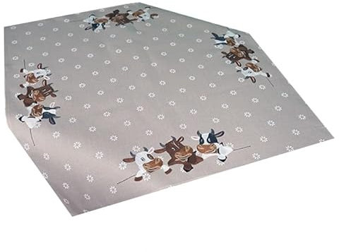 Tischdecke Mitteldecke Tischläufer Kissenhülle Kühe Kurbelstickerei beige braun mit weißen Blümchen (85 x 85 cm)