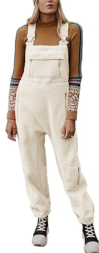 Ebifin Jumpsuits für Damen Lässiger Latzhose Arbeitshose Fleece Warme Overalls Winter Latzhosen mit Taschen.Beige.L