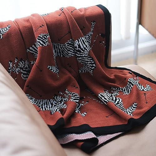 Menkala Kuscheldecke Boho Decke Zebra Terracotta Orange Tagesdecke Tiermotiv Kinder Sofa Überwurfdecke Wolldecke Sofadecke Wohndecke Strickdecke Sofaüberwurf für Büro Bett Reisen Zimmer 125x180cm
