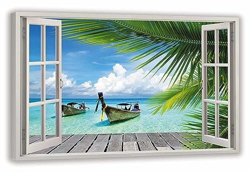 HUBDECO Leinwandbild Fensterblick Palmen und Boote Bild 120x80 cm - Landschaftsbilder auf Leinwand - Wandbilder Wohnzimmer - Bild Fenster mit Ausblick - Aesthetic Room Decor - Wanddeko Schlafzimmer