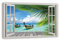 HUBDECO Leinwandbild Fensterblick Palmen und Boote Bild 120x80 cm - Landschaftsbilder auf Leinwand - Wandbilder Wohnzimmer - Bild Fenster mit Ausblick - Aesthetic Room Decor - Wanddeko Schlafzimmer
