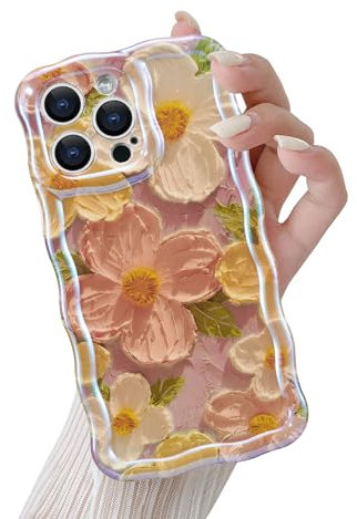 QLTYPRI Case for iPhone 15 Pro Case, Colorful Retro Oil Painting Flower Pattern Cute Curly Wave Frame Exquisite Phone Case for Girls Women, Shockproof TPU Protective Phone Cover for iPhone 15 Pro-Pink