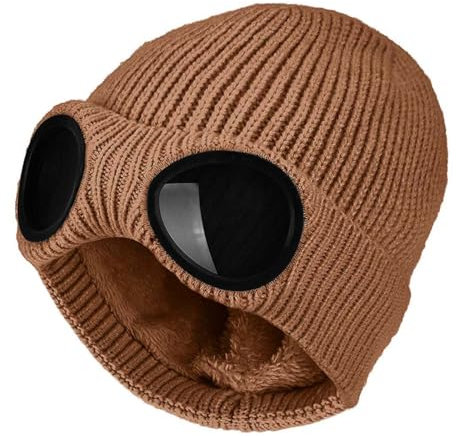 FIFTHAVE Beanie Mütze Herren & Damen, Wollmütze Wintermütze Strickmütze Beany Mütze Hut Laufmütze mit Brille Weich Stretchy Hüte Warme Outdoor Sport Cap Braun