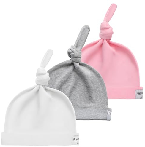 Prapiroon Mütze für Neugeborene, Mädchen, Jungen, 100% Baumwolle, Säuglings-Frühchen-Krankenhaus-Mütze, Wintermütze für 0–6 Monate (DE/NL/SE/PL, Alter, 0 Monate, 3 Monate, Weiß/Grau/Rosa)