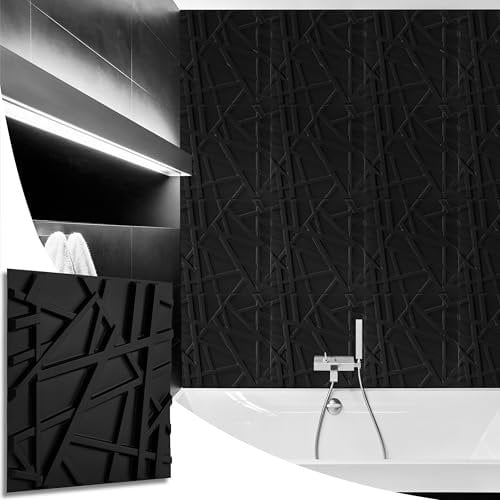 NOVECRAFTO Geometric Effect 3D Wall Panels - 20 Sheets Covering 5 sqm | 53.82 sqf Interior Cladding Set | 3D Wall Tiles Geometric Line Design in Matt Black - Each Panel Size 19.6 x 19.6