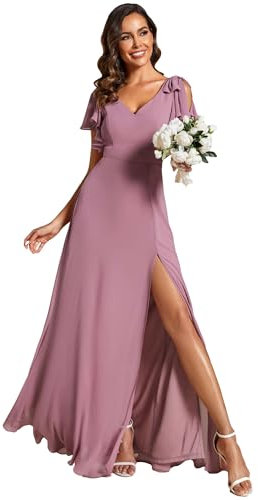 Ever-Pretty Abiti da Damigella d'Onore Arco Maniche Corte Scollo A V Stile Impero Spacco Abiti da Sposa Orchidea 38