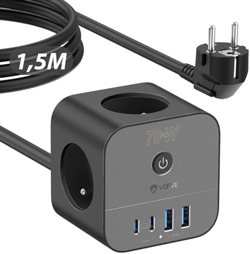 VEFVE Chargeur Rapide USB C 70W, Prise Multiprise Cube 7-en-1 avec Interrupteur, Technologie GaN III, Compatible Ordinateurs Portables, Téléphones, Rallonge Electrique 1.5m