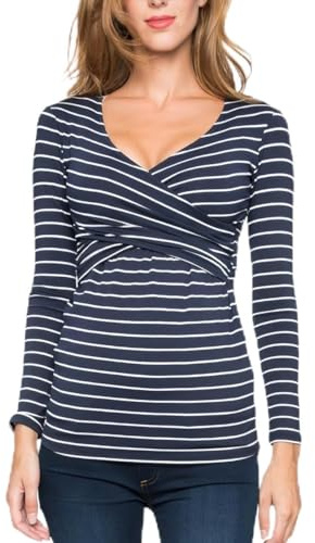 SamHeng Women Long Sleeve Maternity Tops Nursing T-Shirt Lift-up Breastfeeding Shirts V Neck Nursing Top Striped Pregnancy Clothes(Navy, M)
