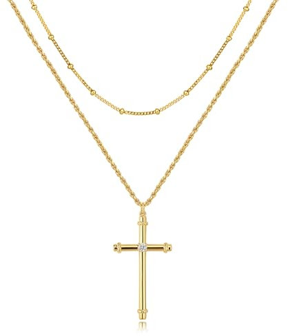 Jenosy Kette Layered Damen Gold Kreuz Kette mit Cubic Zirconia Glaube Kette mit Kreuz Zarte Halskette mit Kreuz Anhänger Damen Hypoallergene 18K Vergoldete Kette Modeschmuck für Frauen und Mädchen