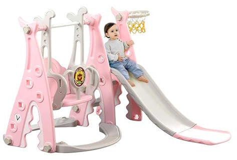 Toboggan intérieur pour Les 1, 2, 3, 4, 5 Ans, Aire de Jeux pour Tout-Petits 4 en 1 avec balançoire, Toboggan pour bébé pour Chambre d'enfant, Toboggan de Jardin pour Tout-Petits (Rose)