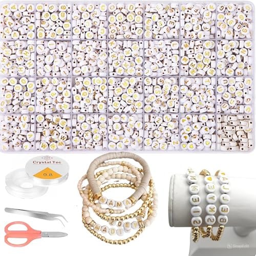 Caresity Letter Beads Kit - 1600 Pcs, Gold Round Alphabet Beads A-Z Colorful Smiley with Scissors and String, Both Adult Kidz Fun Craft Kit