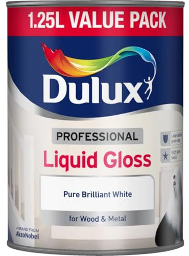 AMK® Dulux Professional Liquid Gloss Paint 1.25L Pure Brilliant White High Sheen Wood and Metal Surfaces Quick Dry No Sag