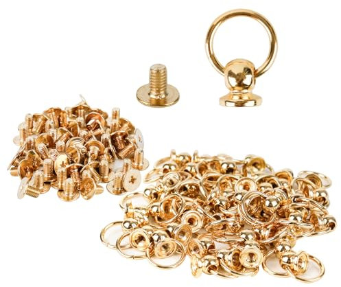 FRUHLING 50 Set Gold Leder Nieten Niet Stud mit Ring 8 mm Rundkopfnieten Metallknopfnieten Schrauben Nieten Ziehringnieten für DIY Lederhandwerk Geldbörse Handyhüllen Dekoration