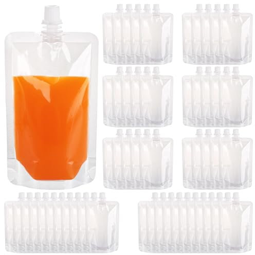 YOUNTHYE 100Pack Drink Pouches, 250ml Drink Pouches, Clear Pouches Juice Bags Refillable Liquid Pouches Bag with Caps, Plastic Drink Bags for Parties, Picnic, Travel, Sports