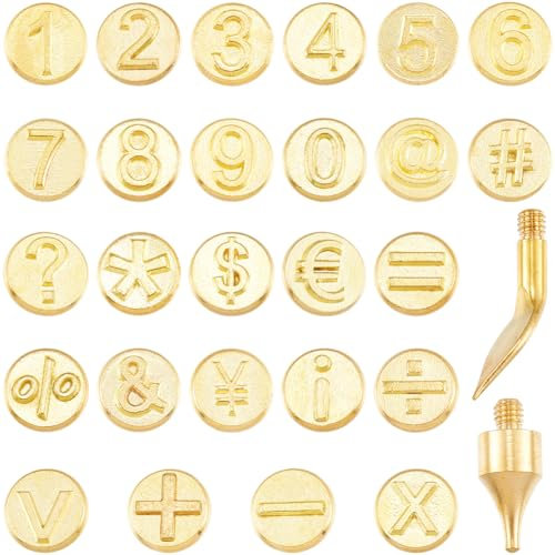 GORGECRAFT 26 Stück Holzbrennspitzen Set Goldenes Messing Kupfer Set Zahlensymbol Lötschablone Lederbrenner Brandmalerei Werkzeug Vorlagen Sets Zum Holzbrennen DIY Prägen Schnitzen DIY Basteln