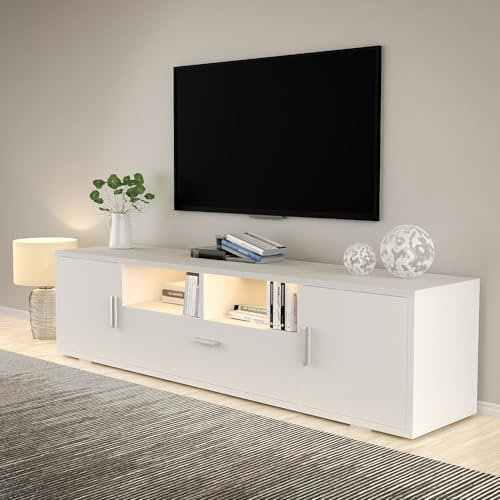 Oyajia Modern TV Cabinet Storage TV Stand Mit 1 Drawers&2 Cabinet, with 16 colors LED lighting, Suitable for Living Room and Bedroom, TV table Panel, Simple White, 160(L) cm High Gloss Panel.