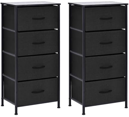 simpa Chest of Drawers - Set of 2 Fabric Storage Tower with 4 Drawers, Sturdy Black Steel Frame, black Wooden Top & Black Easy Pull Fabric Drawers