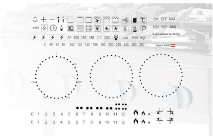 Juego de pegatinas con símbolo de estufa como identificación, símbolo adhesivo para cocina eléctrica y cocina de gas (RPM2/6) (signos negros sobre fondo transparente)