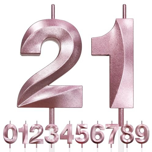 21st Birthday Candle, 3D Design Rose Gold Glitter Number Candles, Cake Topper Decorations, Cake Candle for Birthday Party, Wedding Anniversary, Baby Shower, Party Decoration (Pink Gold)
