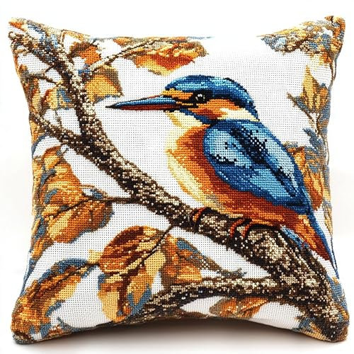 WallustrioaW Tier Kreuzstich Kissen Set,Eisvogel auf dem Ast,DIY Kreuzstichkissen,Kreuzstich,Handarbeiten Stickerei,Heim-Bastelsets,Sofa-Dekoration,45x45cm
