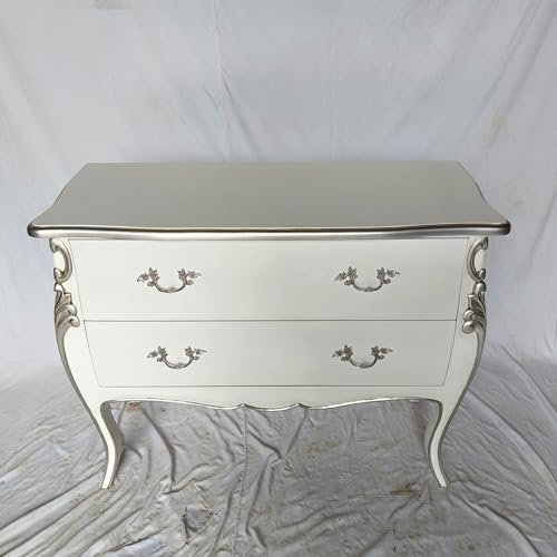 Kunibert Antik H4R0760 Kommode Louis Seize Barock Rokoko Sideboard Breite 102 cm weiß mit Silber