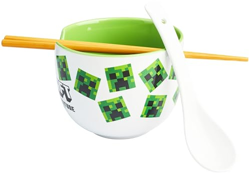 Get Trend Minecraft Bol Ramen 600ml con Palillos y Cuchara, Juego 3 Piezas Cuencos Ceramica Japonés para Sopa Fideos Noodles, Vajilla Hogar y Cocina (Multi Minecraft)