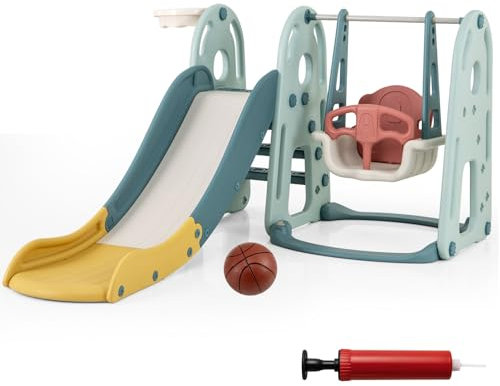 HOMASIS 4 in 1 Kinderrutsche Indoor & Outdoor, Kinder Rutsche mit Schaukel, Basketballkorb, Ball, Kletterleiter, Babyrutsche Spielplatz Gartenrutsche für Kinder ab 18 Monaten (Grün+Gelb)