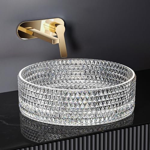 EMKE Lavabo para montar en cristal, lavabo redondo transparente, 360 x 360 x 112 mm, lavabo de para baño y WC de invitados, lavabo sin orificio para grifo