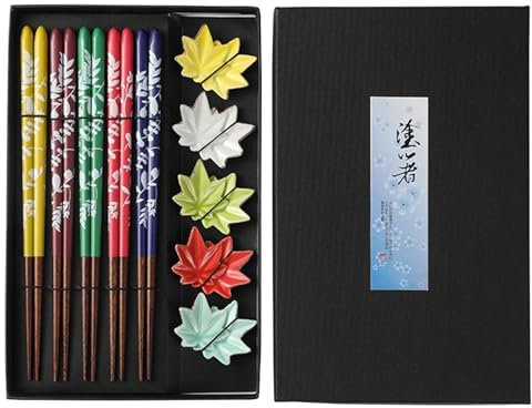 5 Paars Essstäbchen Holz Mit Essstäbchen Ablagen, Sushi Essstäbchen Set Ahornblatt Chopsticks Mit Geschenkbox, Wiederverwendbare Essstäbchen, Asiatisches Besteck Mit 5 Keramik-Essstäbchen Auflagen