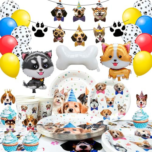 Puppy Dog Birthday Party Supplies, Dog Party Decorations & Dog Birthday Tableware Set - Puppy Balloons Banner Plates Cups Table Cloth etc Dog Themed Supplies