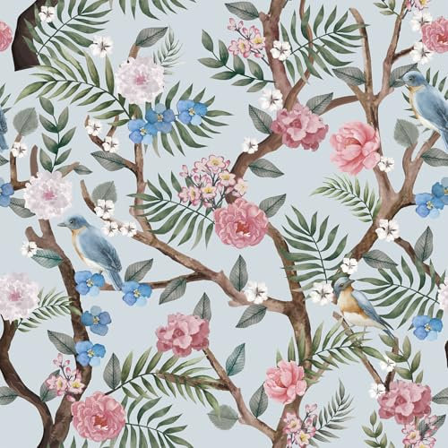 CHDITB Blaue Blumen Tapete,Aquarell Blumen Tapete Selbstklebend,Mädchen Schlafzimmer Wandsticker(44x300cm) Boho Klebefolie Möbelfolie Blumen Pflanzen,Wandaufkleber für Wände, Schränke, Schubladen