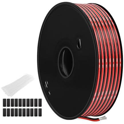 THUN-CT 1.31 mm² 16 AWG Red and Black Silicone Paired Wire (OD: 3.0mm x 6.0mm), 82.02FT, High-Temperature Flexible Cable, Stranded Wires for LED Strips, 12V/24V DC Applications, Electrical and DIY
