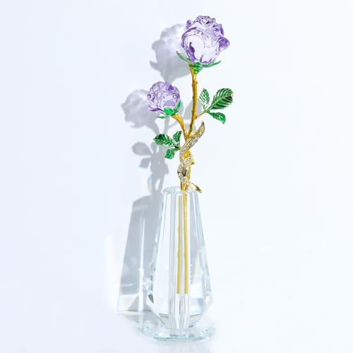 Arikyrist Crystal Purple Rose Flower Gifts for Women Glass Bouquet Ornament | Crystal Purple Rose Flower Figurine Metal Long Stem with Crystal Vase Gifts for Wife Mum Girlfriend on Birthday Anniversary