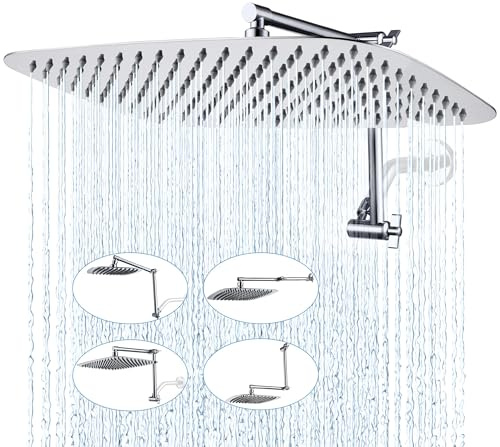 G-Promise All Metal 16 Rain Shower Head with 16 Adjustable Extension Arm High Pressure Rain Shower Head Luxury Modern Look Rectangular Large Waterfall (Chrome)