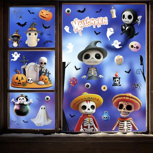 EPODA Halloween-Fensteraufkleber, Fledermaus, Geist, Spukhaus, Spinne, Hexen, Kürbis, Fensteraufkleber, Dekorationen, Innenbereich, 4 Bögen