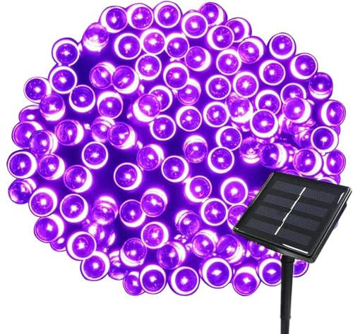 RunQiao Solar-Lichterkette für den Außenbereich, Garten, wasserdicht, 500 LEDs, für Bäume, Terrasse, Zaun, Hochzeit, Party, Lila, 8 Modi mit Fernbedienung, USB-Ladegerät