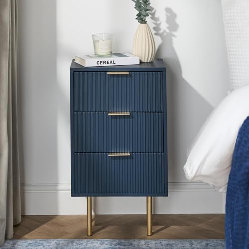 OHS Bedside Table 3 Drawers, Decorative Ribbed Wooden Nightstand Side Tables Large Storage Slim Bedside Cabinets Bed Side Table for Bedroom Living Room, Navy - 64 x 36 x 24cm