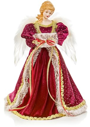 Premier 30cm Burgundy Angel Tree Topper with Porcelain Face, Feathered Wings and Gold Spot Detailing – Traditional Christmas Tree Decoration