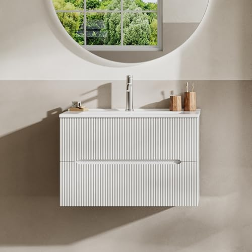 BRIDGE BENO 61 cm Breiter Wandschrank Mit Keramikwaschbecken, 2 Schubladen, Soft-Close-Funktion, Geriffelte Akzente, Geeignet Für Kleine Badezimmer/gäste-Wcs, Weiß Matt