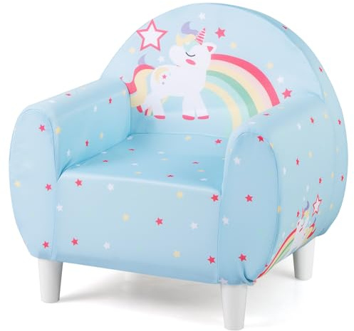DREAMADE Kindersofa mit schönem Einhornmuster, Kindersessel mit ergonomischer Rückenlehne & Armlehnen, atmungsaktives Kindercouch für Spielzimmer & Kinderzimmer, für Kinder ab 3 Jahren (Blau)